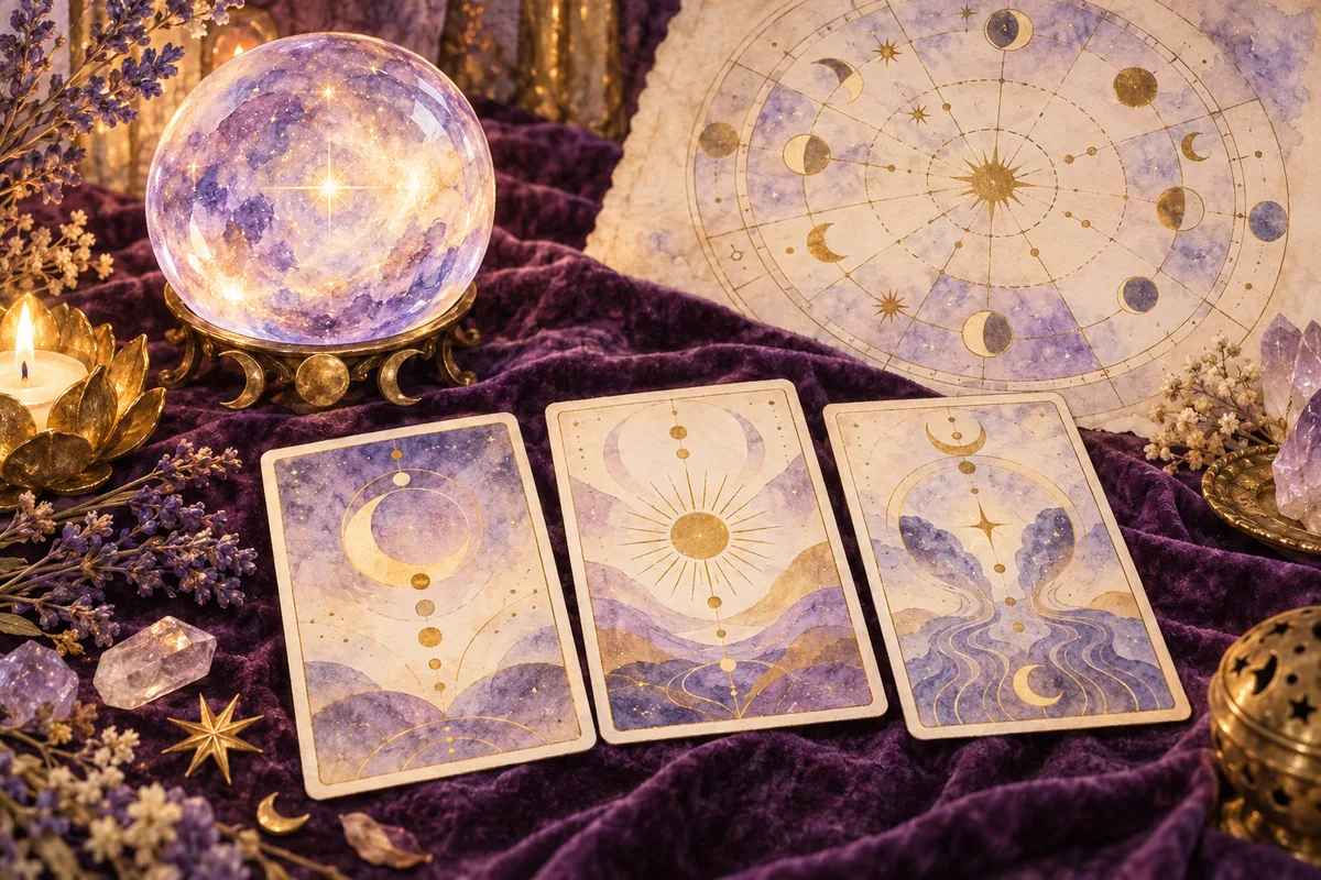 Illustration of a three-card tarot spread beside a birth chart and a crystal sphere