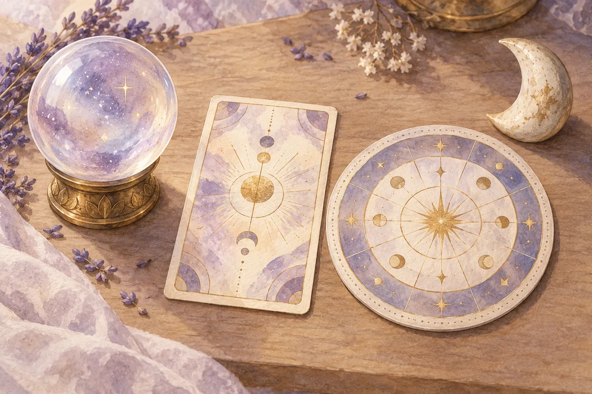 Illustration of a tarot card, crystal ball and star chart representing different reading specialties