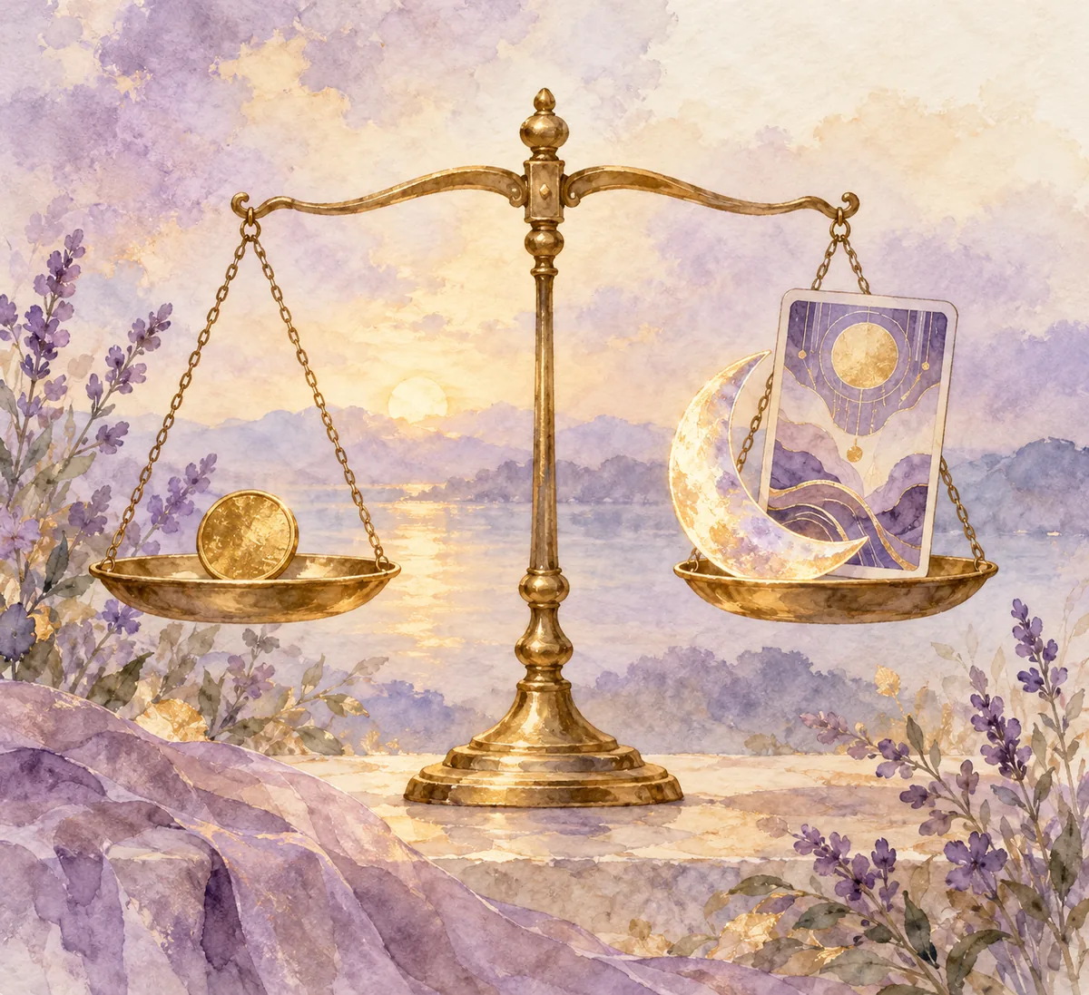Illustration of a scale balancing a coin against a moon and a tarot card to represent a reading budget